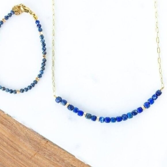 Lapis Lazuli Bundle Beaded Bracelet and Blue Lapiz Lazuli Gemstone Necklace CUTE - Picture 2 of 11